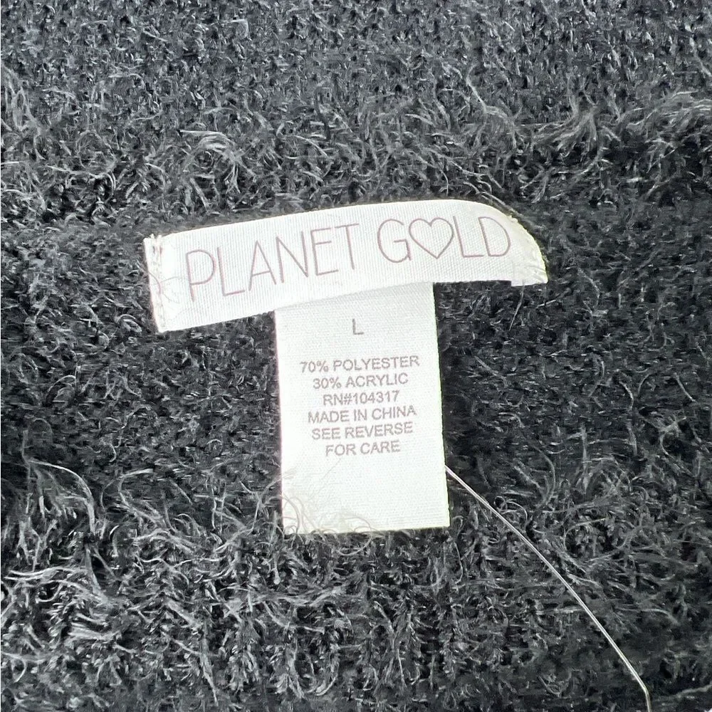 PLANET GOLD Juniors Fuzzy Cropped Baseball Sweater Black White L Large‎ NWT